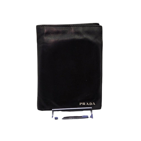 PRADA Black Leather Bifold Wallet‎ Minimalist Slim Card Holder Authentic
